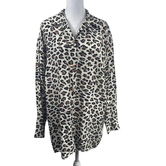 Calvin Klein 100% Silk Leopard Tunic Button Up Tunic Top Sz S Mob Wife Oversized - Picture 1 of 8